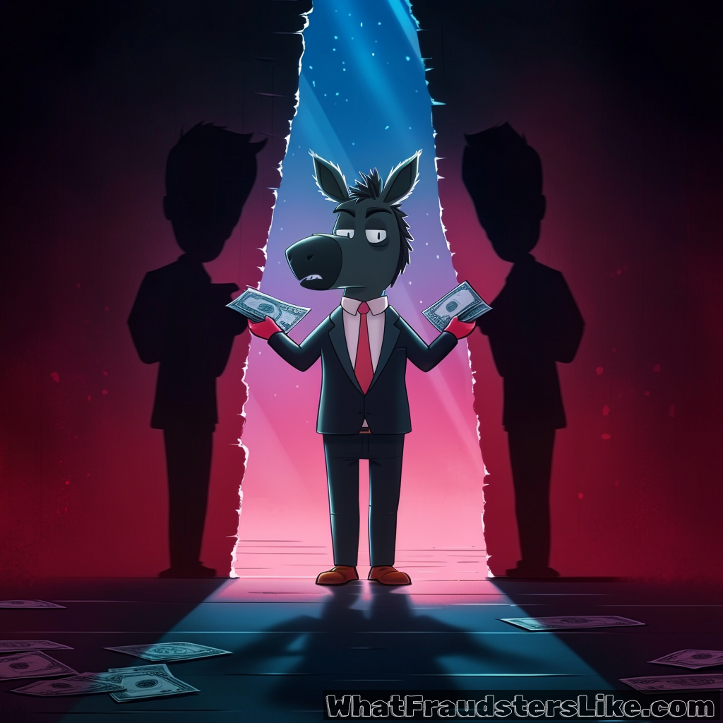 A humanoid mule character in a suit and red tie stands in a spotlight, holding cash in both hands, with two shadowy human figures looming in the background and scattered money on the floor, all against a dramatic red and blue backdrop.